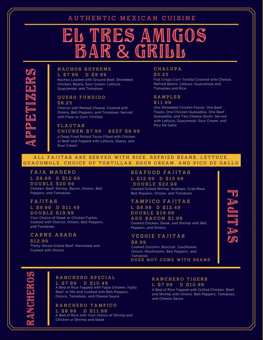 El Tres Amigos Bar & Grill Menu